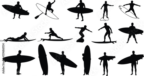 Silhouette of surfers with paddleboards in motion, beach sports collection, water activity poses, graphic ocean scene, black