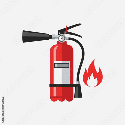 Red fire extinguisher stands near a flame on a white background.