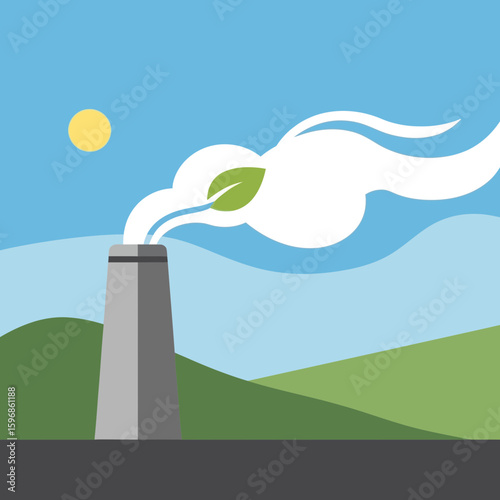 Factory with smoke shaped like a leaf emits into a blue sky.