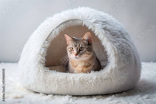 A cute tabby cat relaxes inside a cozy, white, fluffy igloo bed, feeling safe and comfortable.