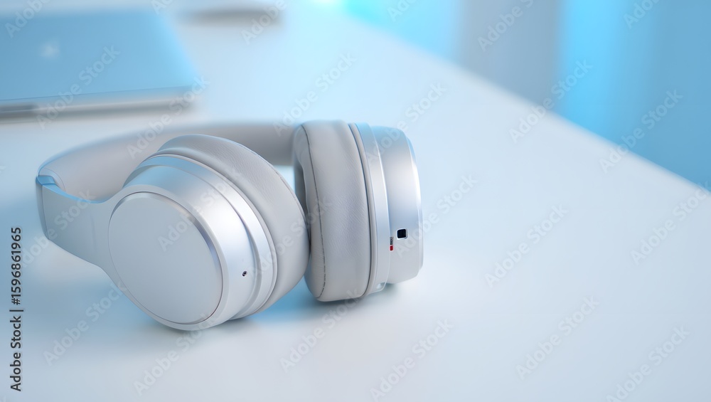 Foldable White Headphones on a Blue Desk - Modern Lifestyle Foldable White Headphones on a Blue Desk - Modern Lifestyle
