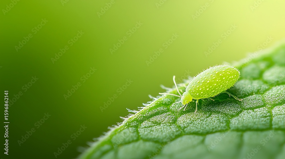 Fototapeta premium Tiny green aphid on a textured leaf with soft green background