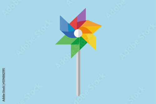 Colorful Pinwheel Toy With Rainbow Colored Vanes On Stick