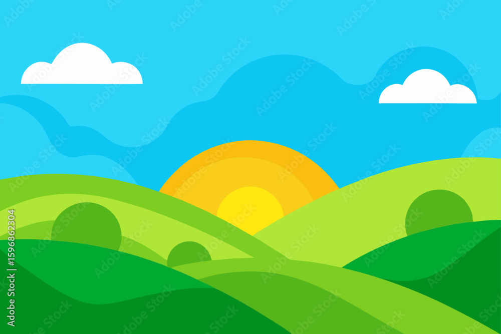 Obraz premium Cartoon Landscape Of Rolling Green Hills Under A Sunset