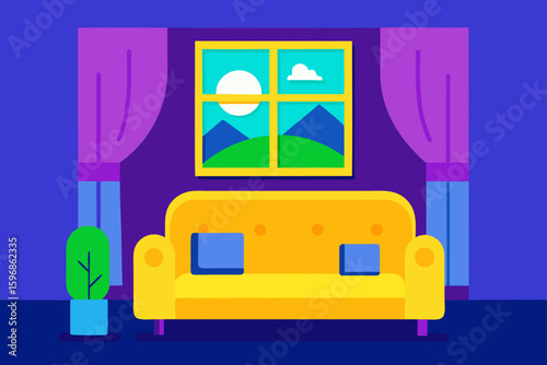 Cartoon Interior Design Living Room With A Yellow Sofa