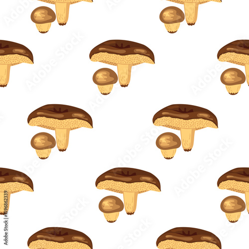 Autumn harvest seamless pattern with butter mushrooms. Small and large fungus with a shiny spongy cap. Cartoon objects brown colors on white background. Vector design for printing on fabric and paper.