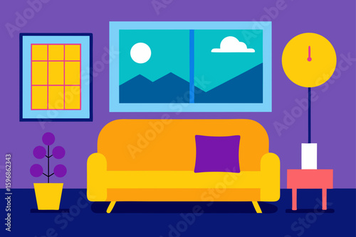 Cartoon Interior Design Living Room With A Yellow Sofa