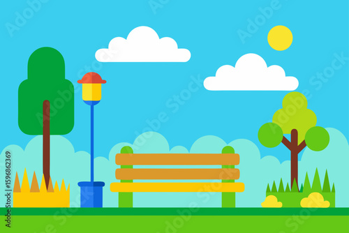 Cartoon Illustration Of A Park Scene Yellow Bench Under Tree