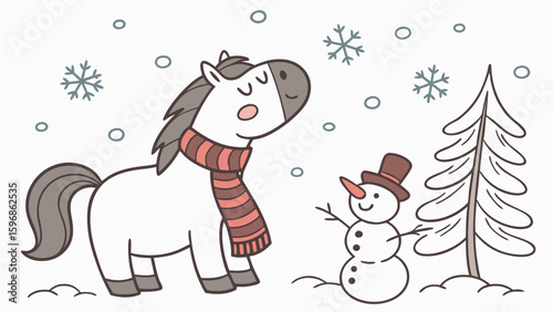 Delightful Bashful Horse in a Winter scene – Winter Wonderland vector illustration