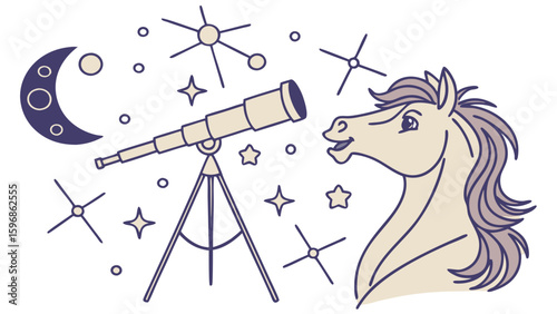 Vector illustration of a Excited Horse, styled in a Starry night theme using Magical Night colors