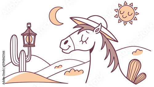 Bashful expression on a Horse in a Desert sunset theme – Sundown Glow vector art
