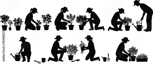 Silhouettes of people gardening with tools, planting and watering in nature, outdoor horticulture activity, eco-friendly care