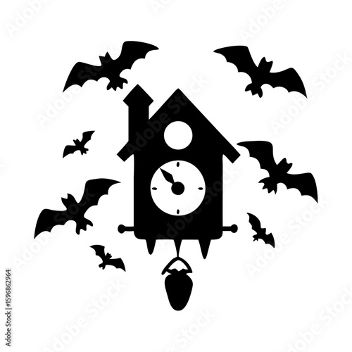 Vector art of bats are flying around a cuckoo clock isolated on white background