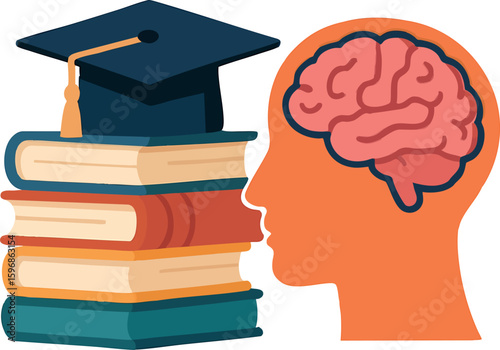 Flat vector concept of education with books, graduation cap, and open brain, isolated on white