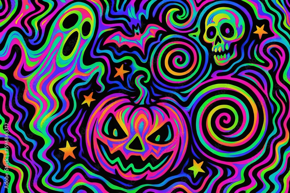 Fototapeta premium Psychedelic halloween jackson lantern skull ghost bat and stars in neon colors. concept of spooky celebration, vibrant abstract design, halloween illustration