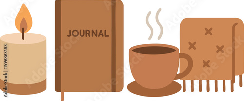 Flat vector concept of self-care with candle, journal, tea cup and blanket icon, isolated on white