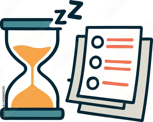 Flat vector concept of procrastination with hourglass, nap icon and unfinished tasks, isolated on white