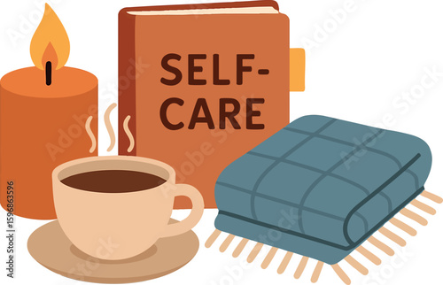 Flat vector concept of self-care with candle, journal, tea cup and blanket icon, isolated on white