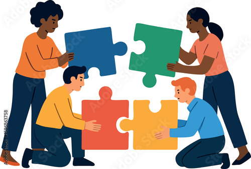 Flat vector concept of teamwork with diverse characters assembling puzzle pieces, isolated on white