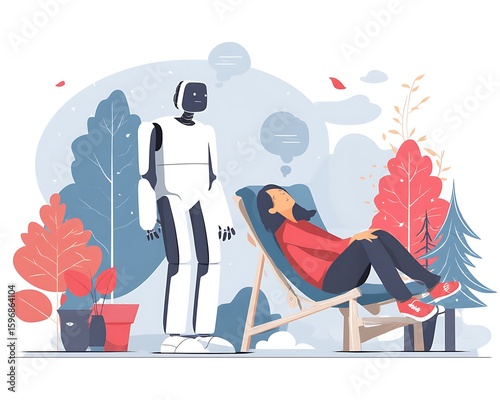 Woman relaxes outdoors in a comfy chair with a robot nearby nature scene AI technology
