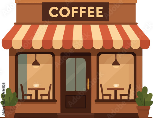 Flat vector cozy urban coffee shop with striped awning and large windows, isolated on white