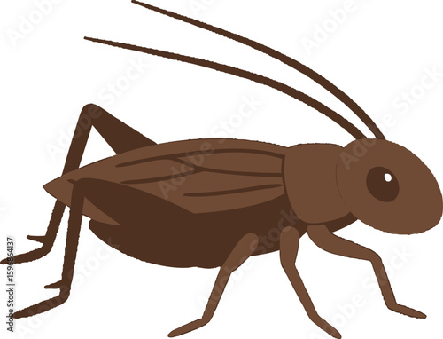 Flat vector cricket with brown body and long antennae, stylized and cartoon-like, vector-friendly, isolated on white
