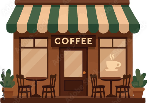 Flat vector cozy urban coffee shop with striped awning and large windows, isolated on white