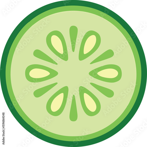 Flat vector cucumber slice with stylized seeds and green outline