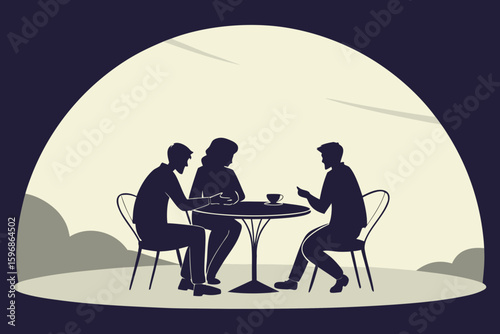 Silhouette illustration of three people sitting at a table with a cup of coffee in a cafe area created with generated ai