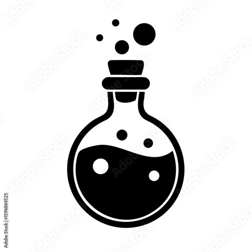 Potion in a bottle: A simple black illustration of a glass bottle holding a bubbling potion. The image portrays a magical, mystical feel.