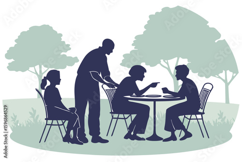 Silhouette of family dining outdoors with waiter and trees in the background in a park setting scene created with generated ai