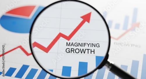 Magnifying glass over red arrow graph showing increasing growth and blue bar chart business finance