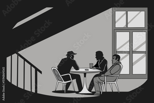 Three men are sitting at a table in a dimly lit room near a staircase and window setting scene created with generated ai