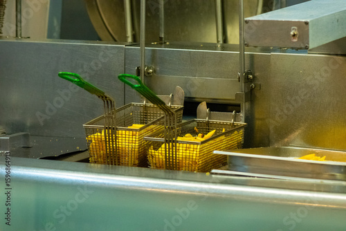 Raw potato fries in twin commercial fryer baskets ready for cooking