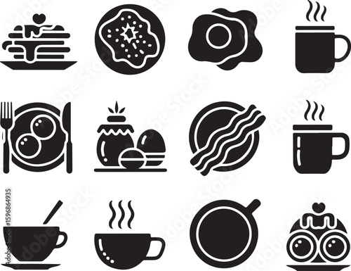 Breakfast, Icon, Set, Food, Morning, Meal, Coffee, Egg, vector, silhouette