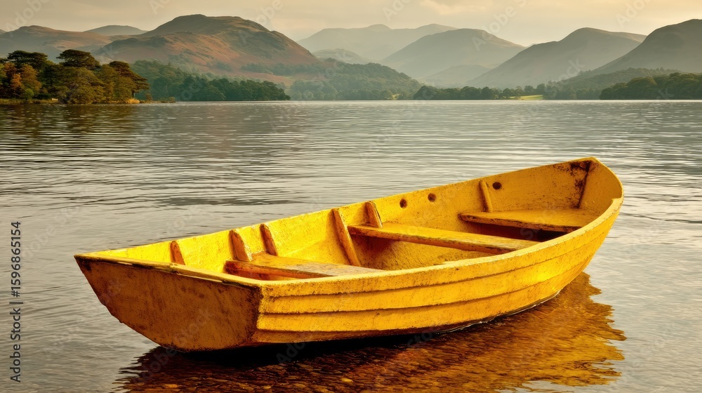 Naklejka premium Yellow Rowboat Floating on Calm Lake Water with Distant Mountains