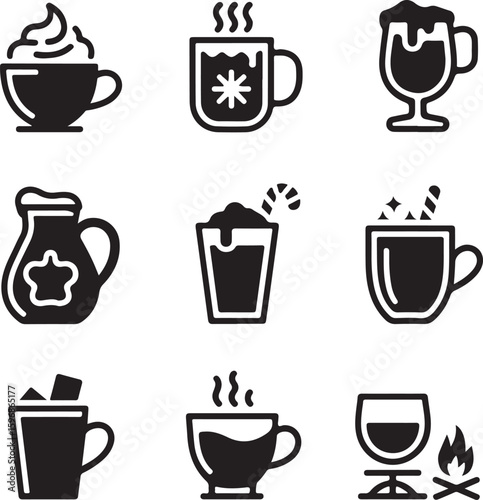 Drink, Icon, Set, Winter, Hot, Christmas, Holiday, Cozy, vector, silhouette