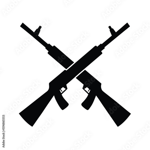 Silhouette of two crossed tactical rifles with defensive elements