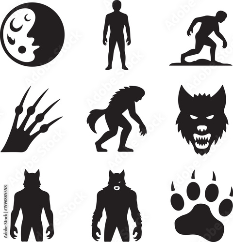 Werewolf, Icon, Set, Monster, Horror, Fantasy, Transformation, Wolf, vector, silhouette