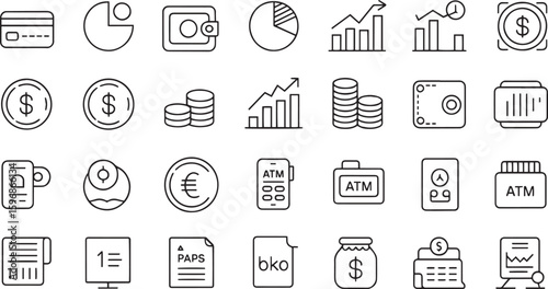 Minimalist Finance & Economy Icon Set Collection – Black & White Line Style

