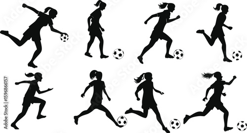 Wallpaper Mural Female Soccer Player Silhouettes Vector Set, Action Poses with Ball Torontodigital.ca