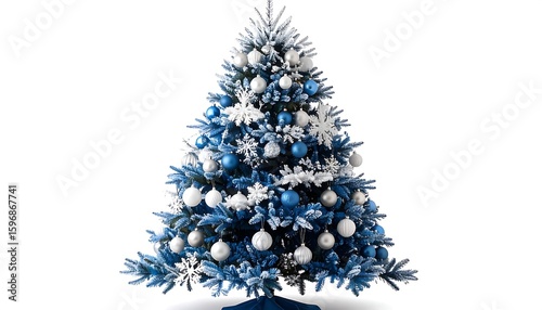 Frosted blue Christmas tree with white and blue ornaments