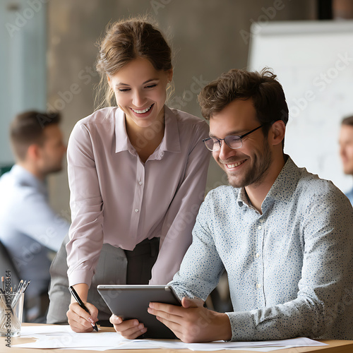 Man and woman smiling while looking at tablet computer in office business people