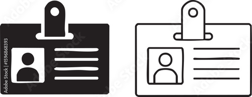 Two simple hand drawn icons representing a black silhouette and a white outline of an identification card with a photo and lines for text