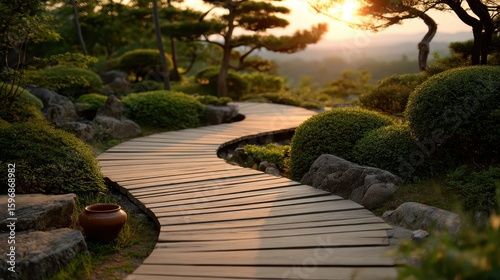 Sunset Serenity Winding Wooden Path Japanese Garden