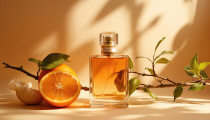 Bottle of perfume with amber fragrance, citrus accents stands on beige background. Orange, green leaves add natural elegance. Amber scent bottle with gold label, clear glass top. Fragrance bottle