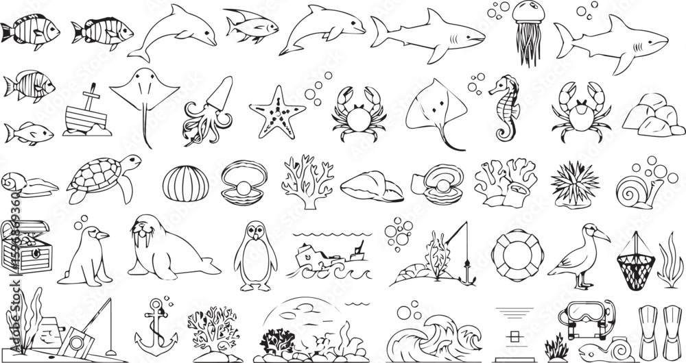 Fototapeta premium Colorful Editable Ocean Animal Icons