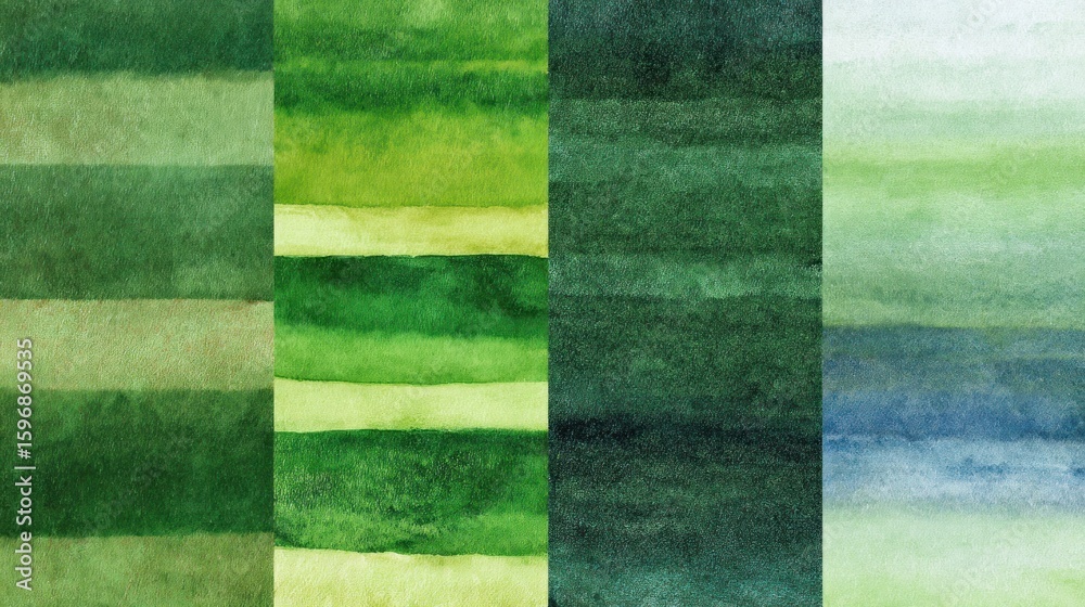 Fototapeta premium Abstract watercolor painting with horizontal stripes of various shades of green and blue-green.
