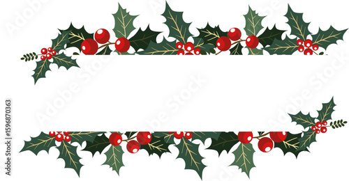 Holly leaves and fruits (Ilex aquifolium). Christmas banner with holly berries. Vector illustration.