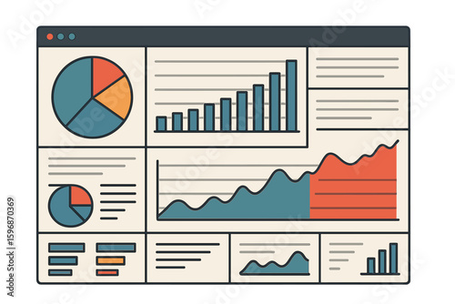 Vector admin panel interface featuring a dashboard infographic template with flat design graphs and charts, along with various UI elements